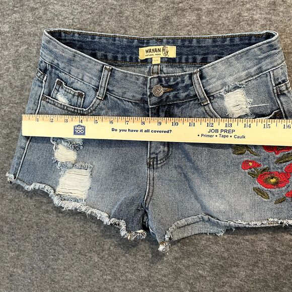 WAYAN | Raw Edge Denim Jean Shorts Floral Embroidery L/G Waist 27 Daisy Dukes - Picture 9 of 12